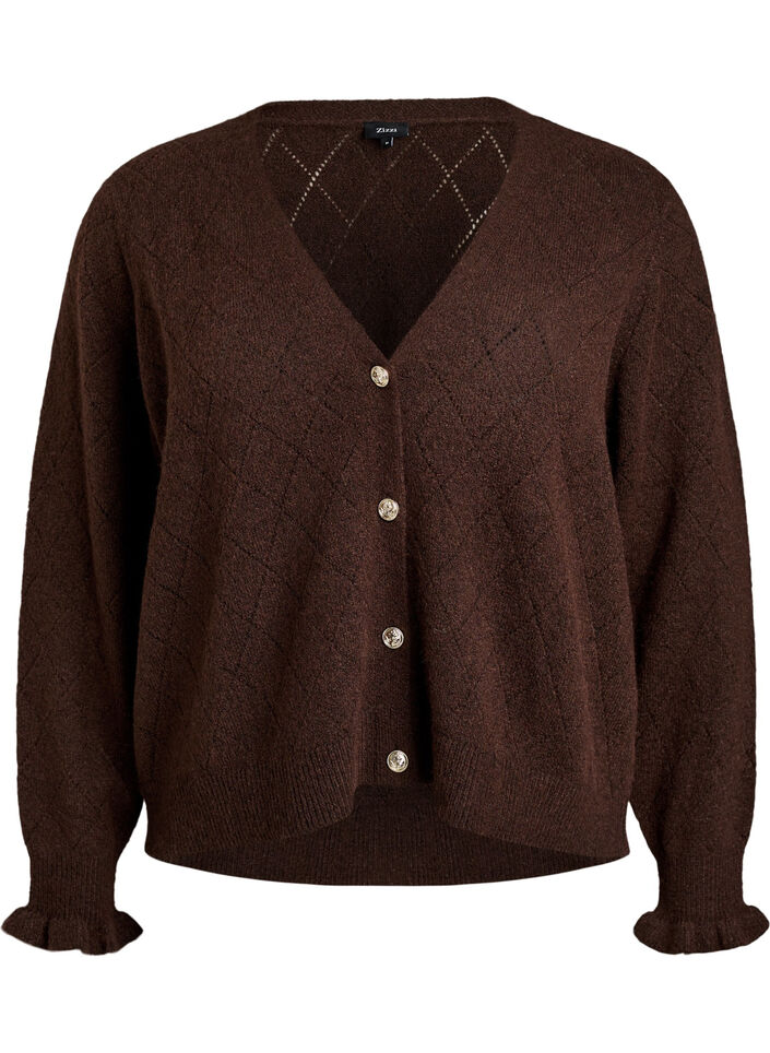 Cardigan met harlekijnpatroon en V-hals, Bruin, Packshot image number 0