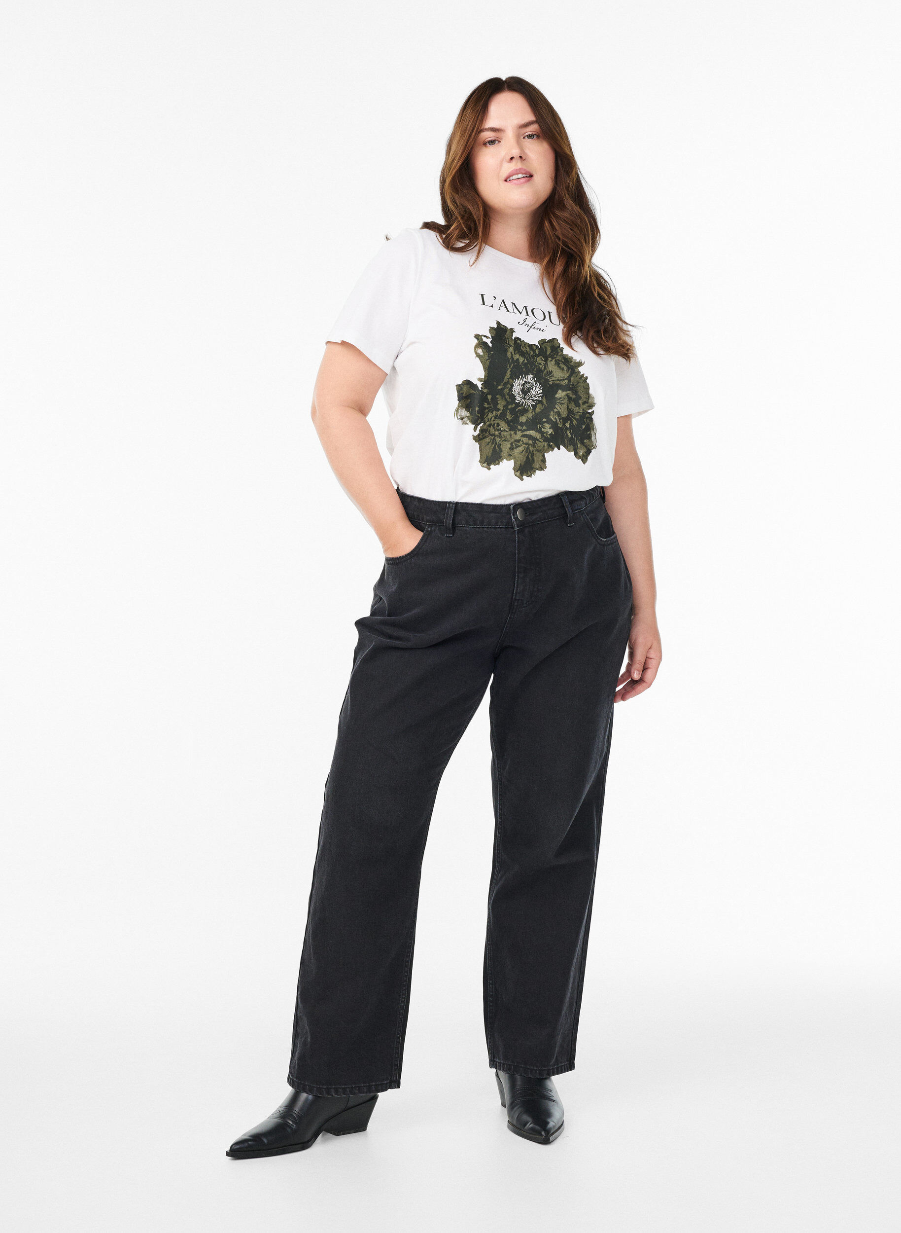 Zizzi Katoenen T-shirt met print op de voorkant, Wit, Model image number 1