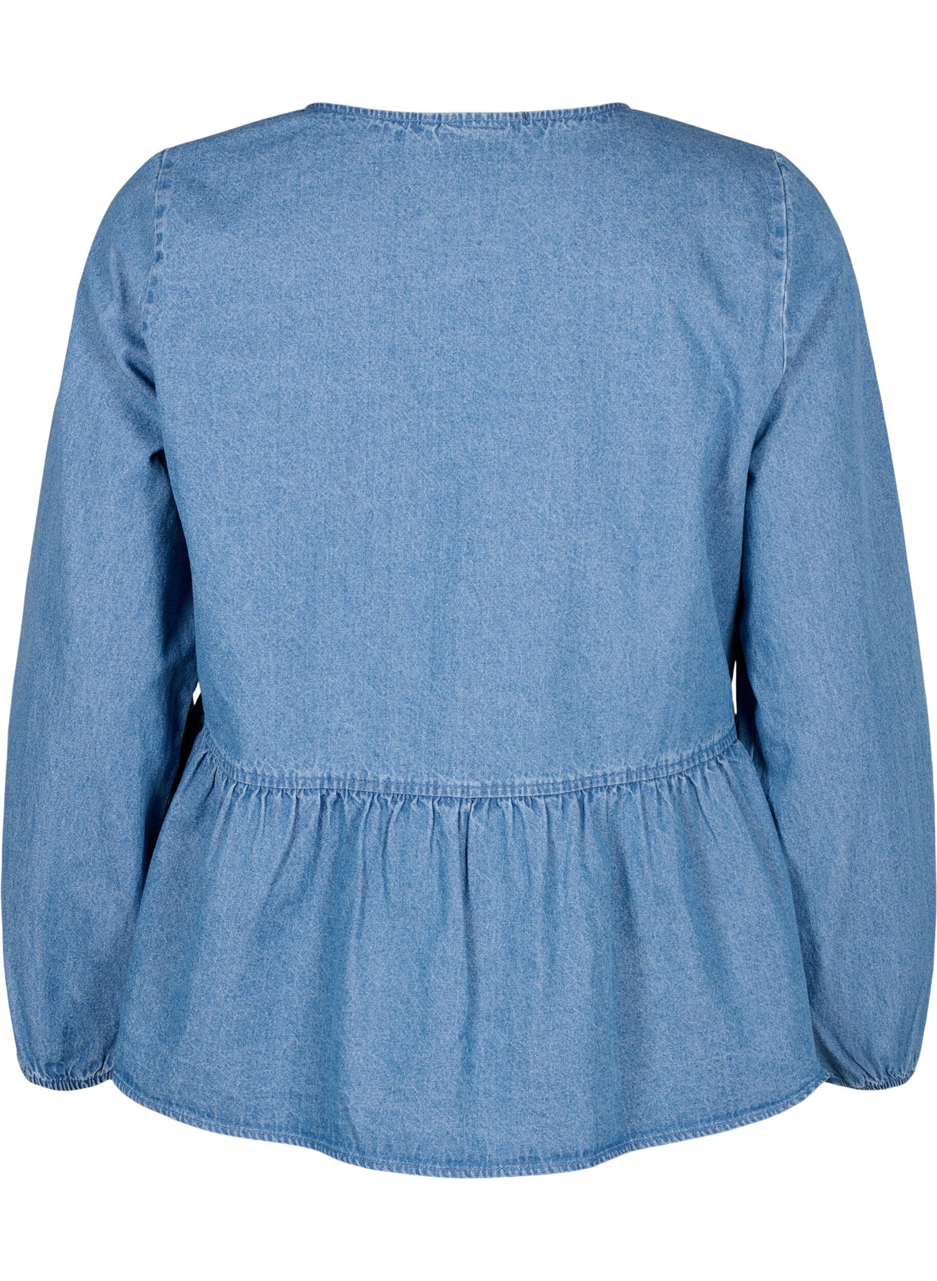 Zizzi Denim peplum blouse met striksluiting, Light Blue Denim, Packshot image number 1