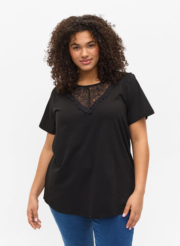 T-shirt met korte mouwen en kanten details, Black, Model image number 0