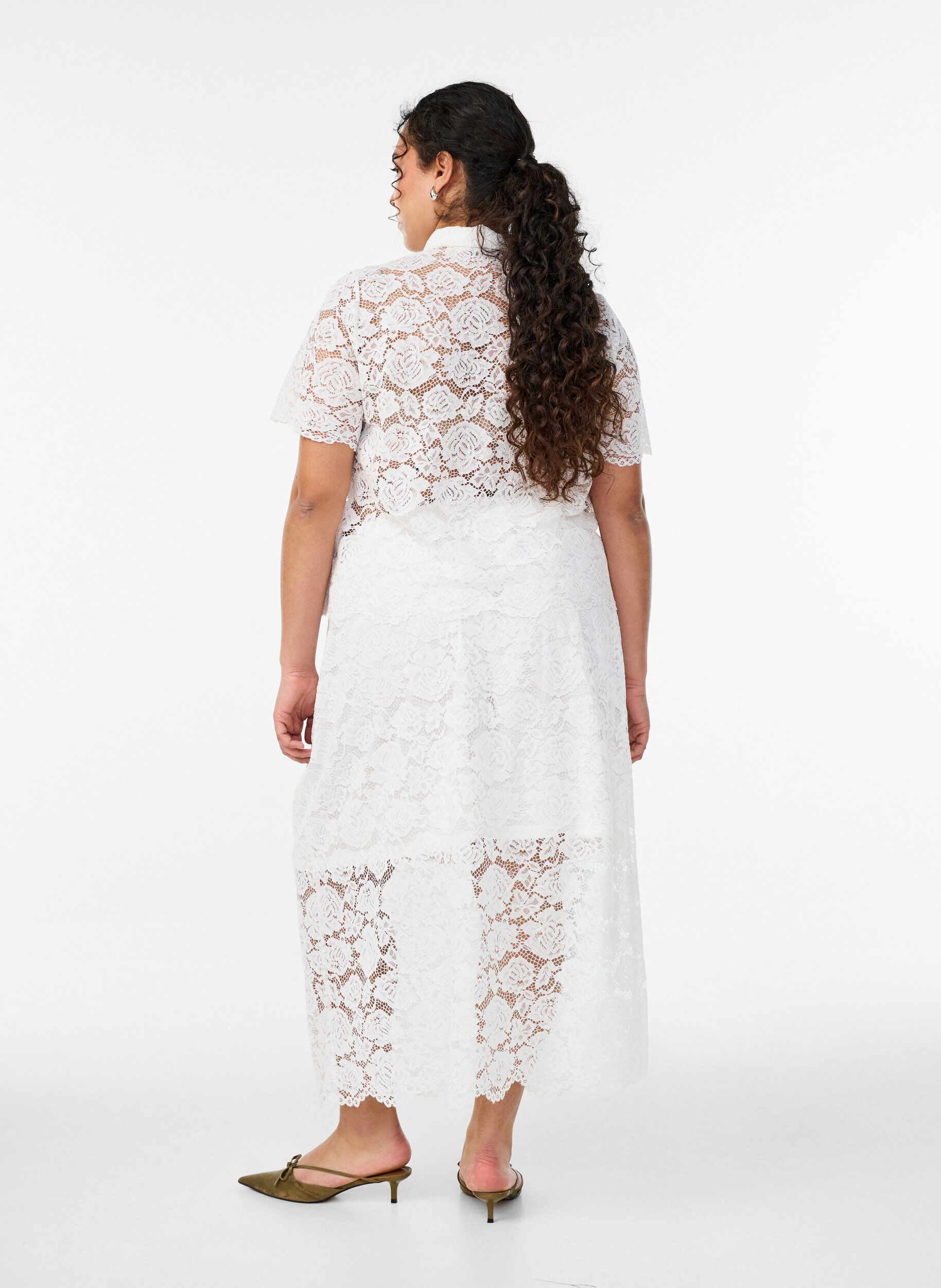 ZizziKanten midirok met een elastische tailleband, Wit, Model image number 2