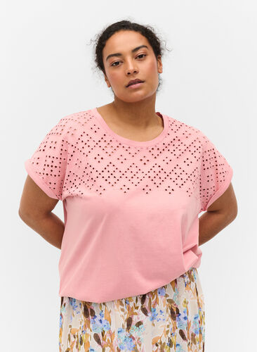 Katoenen t-shirt met borduursel anglaise, Blush, Model image number 0
