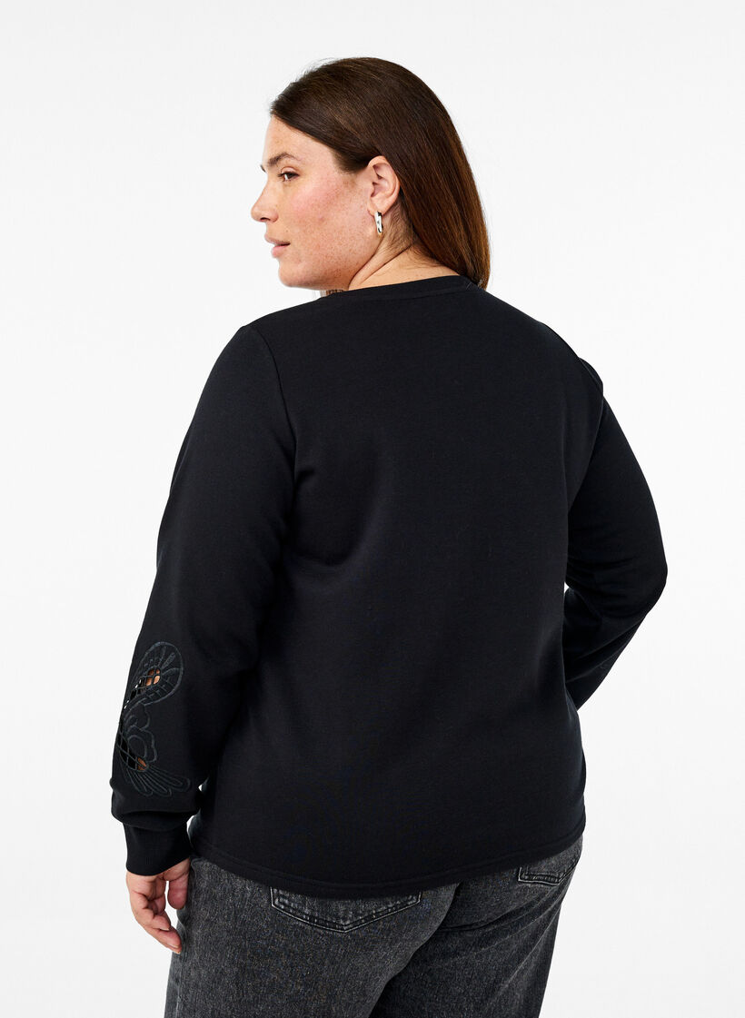 Sweatshirt met geborduurde uitsneden, Black, Model image number 1