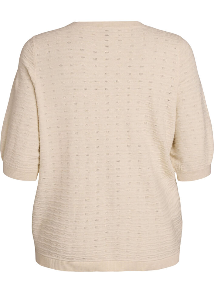 Gebreide blouse met structuurpatroon en korte mouwen, Beige, Packshot image number 1