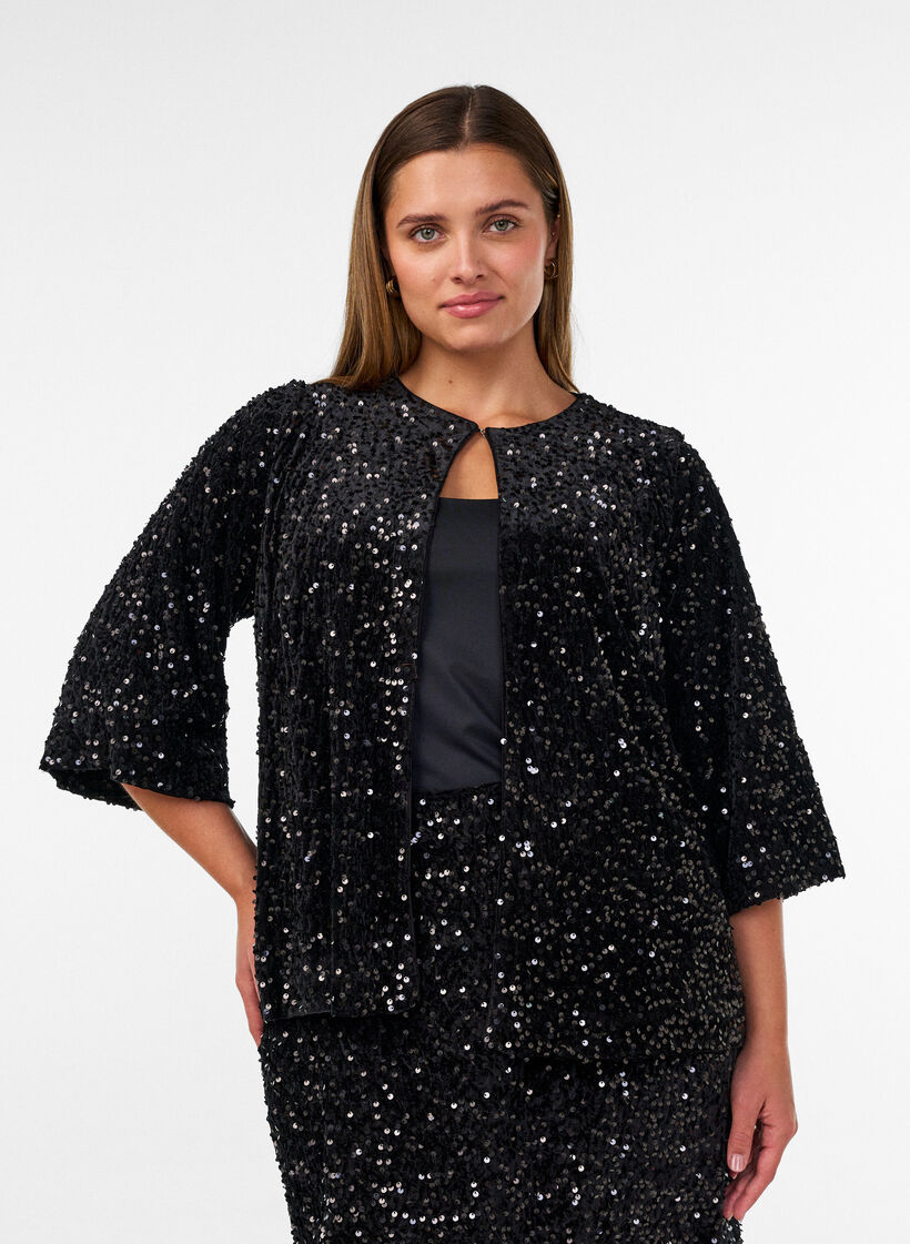 Cardigan met pailletten en 3/4-mouwen, Zwart, Model image number 0