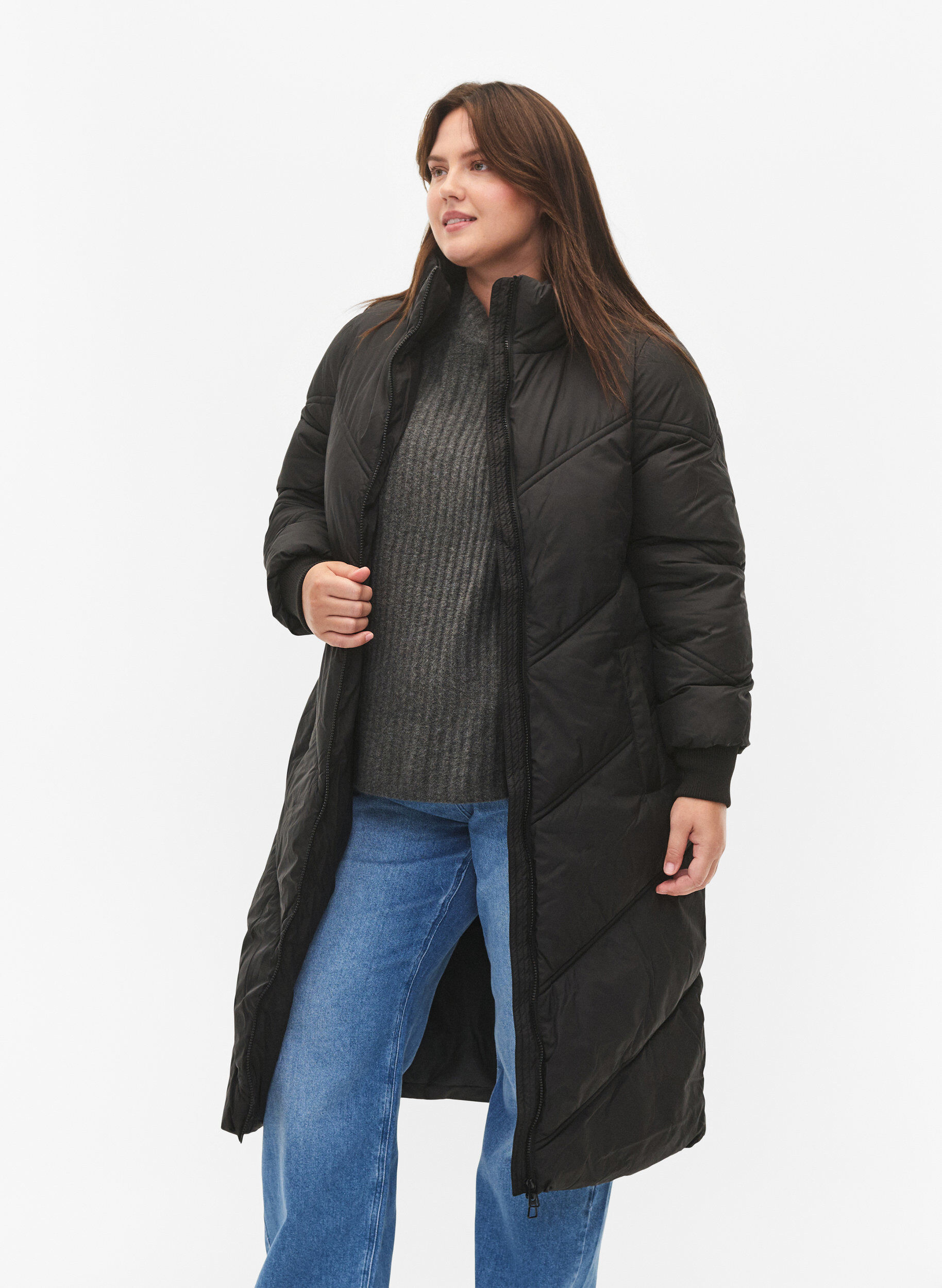 Zizzi Lange puffer winterjas, Black, Model image number 2