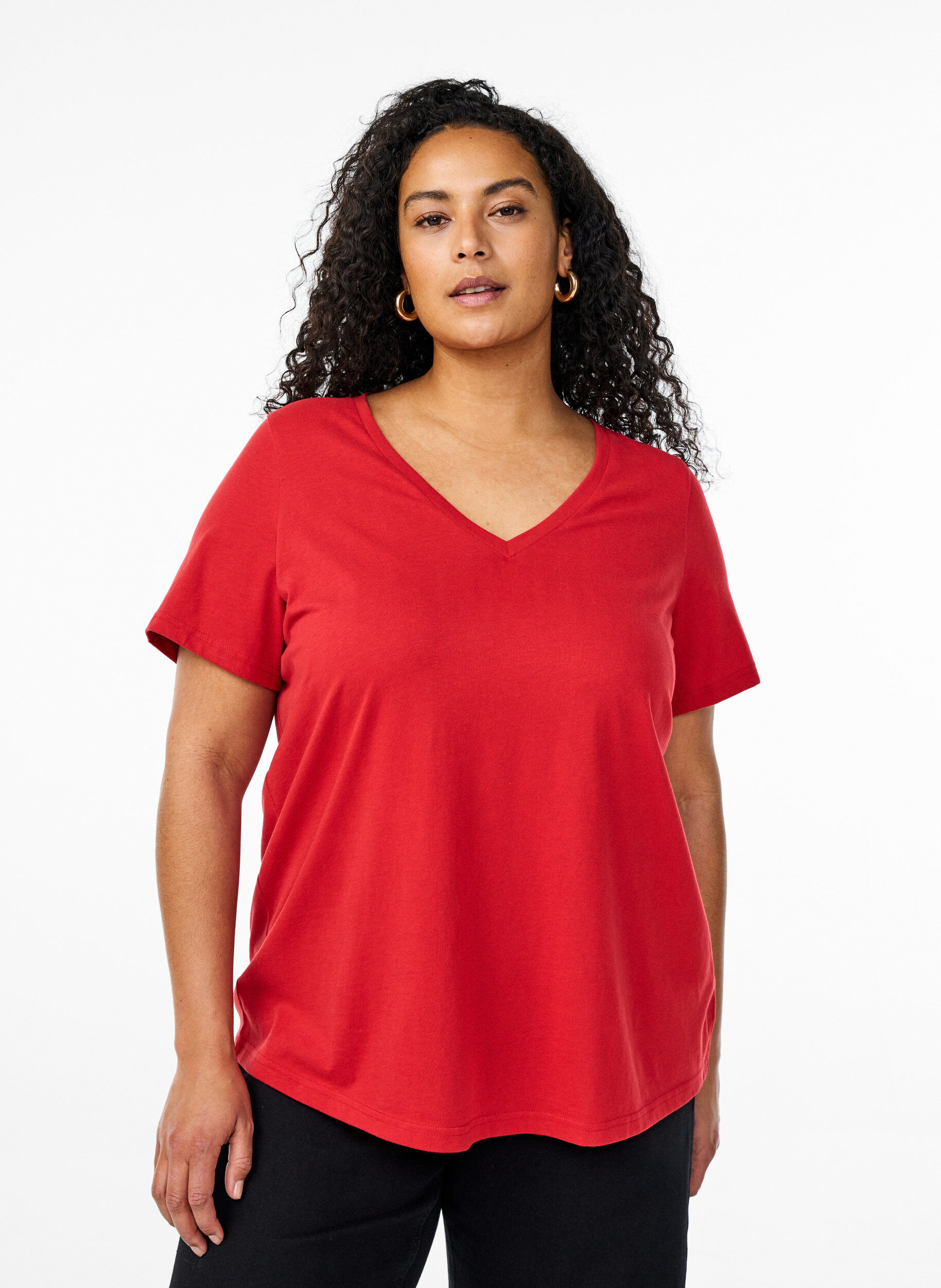 Zizzi FLASH - T-shirt met V-hals, Rood, Model image number 0