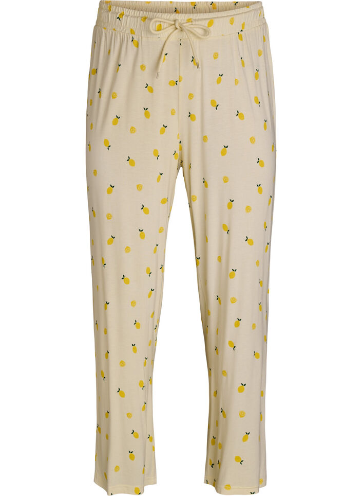Pyjamabroek in zachte jersey met hoge taille en fruitprint, Geel, Packshot image number 0