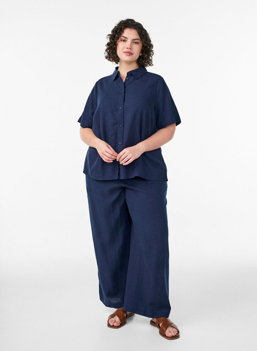 Wijde linnen en viscose broek, Blauw, Model image number 0