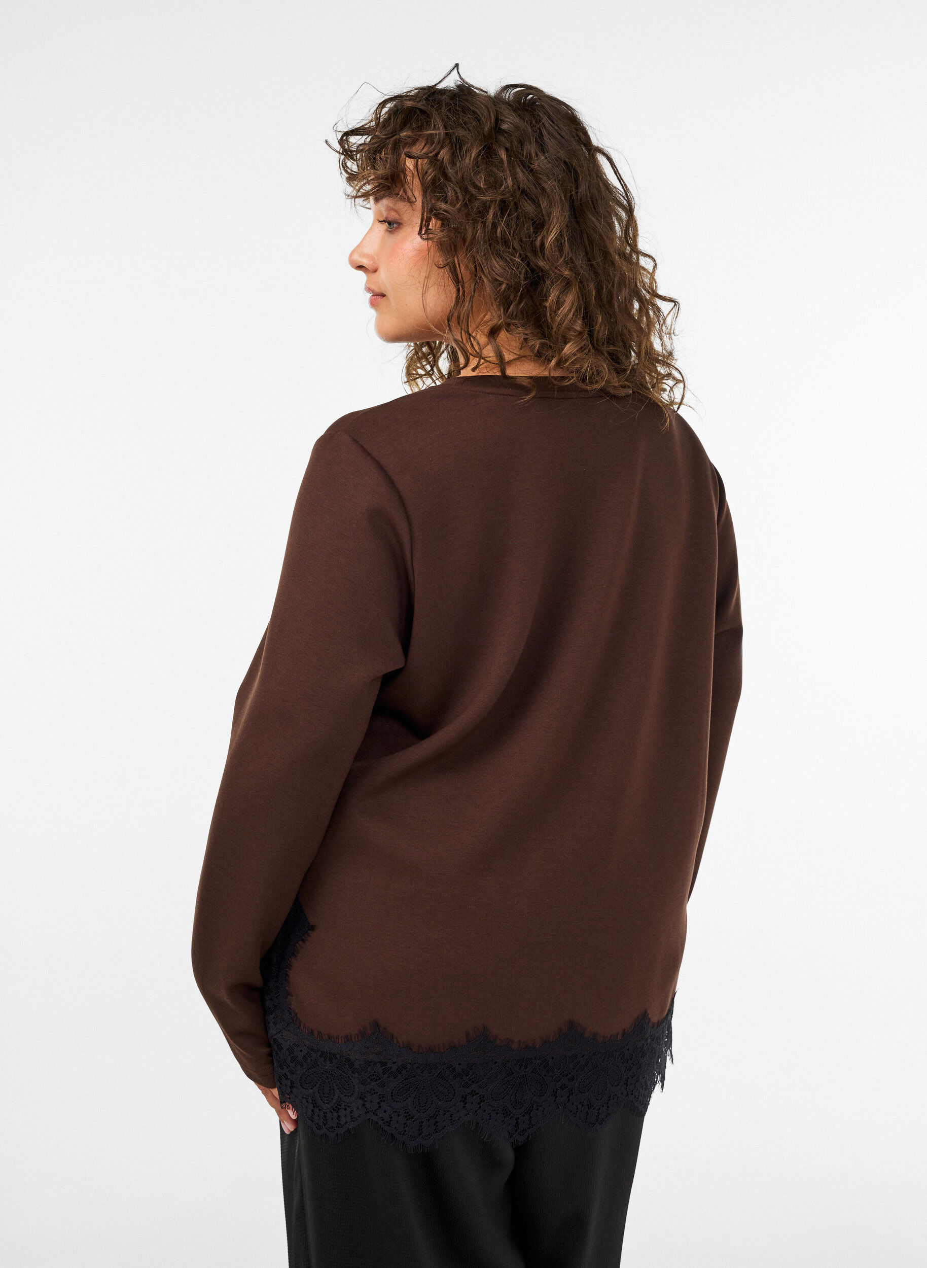 ZizziJersey blouse met kanten rand, Bruin, Model image number 2