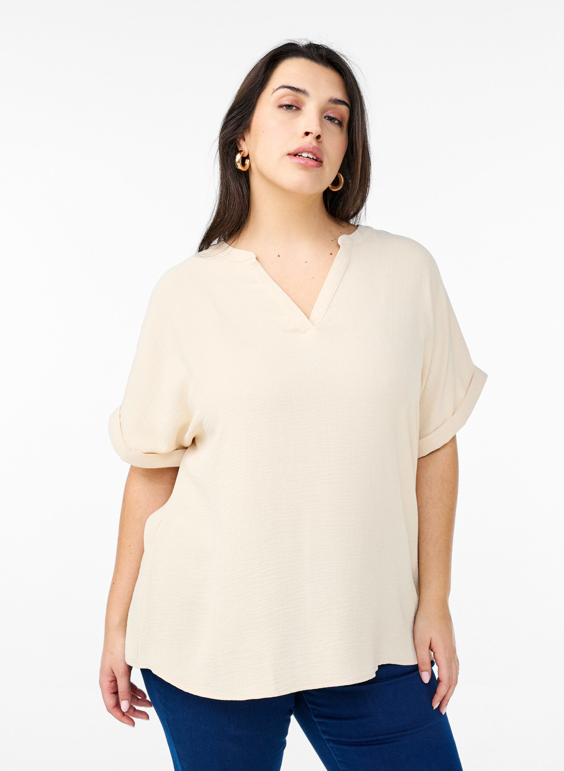 Zizzi Luchtige blouse met korte mouwen, Beige, Model image number 0
