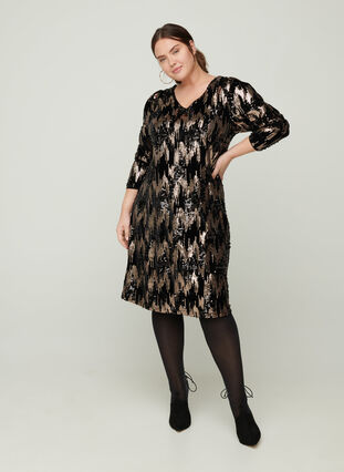 Velours jurk met lange mouwen en pailletten , Black w. Sequins, Model image number 2