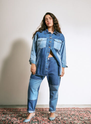 Mille mom fit-jeans met colorblock en hoge taille, Light Blue Denim, Image image number 0