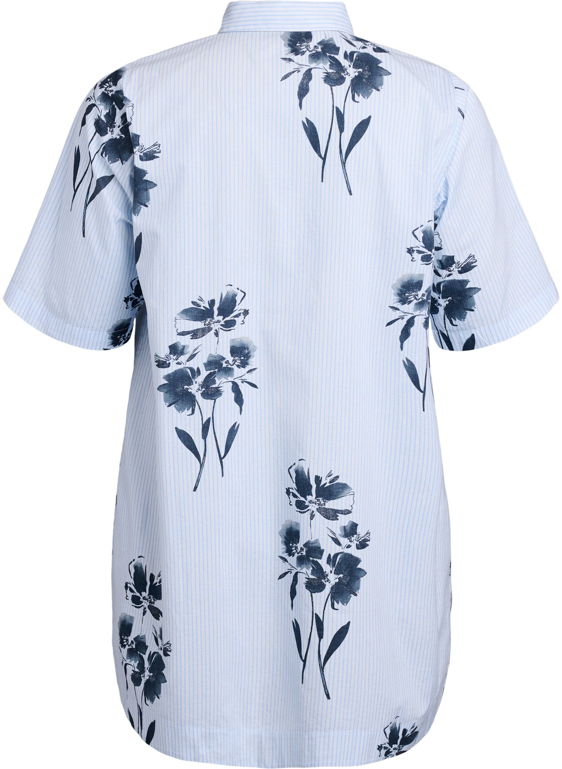 Zizzi Lang shirt met strepen en bloemenprint, Blauw, Packshot image number 1