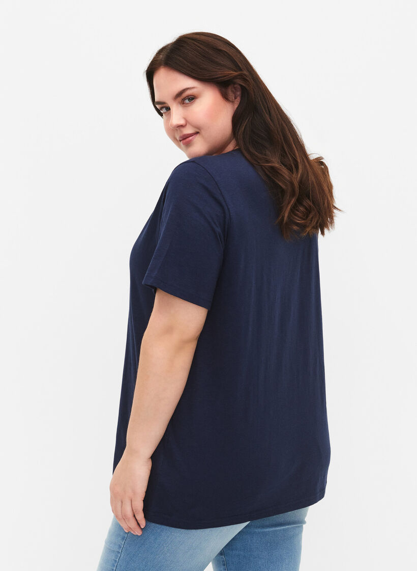 Basic t-shirt met korte mouwen en V-hals, Blauw, Model image number 1