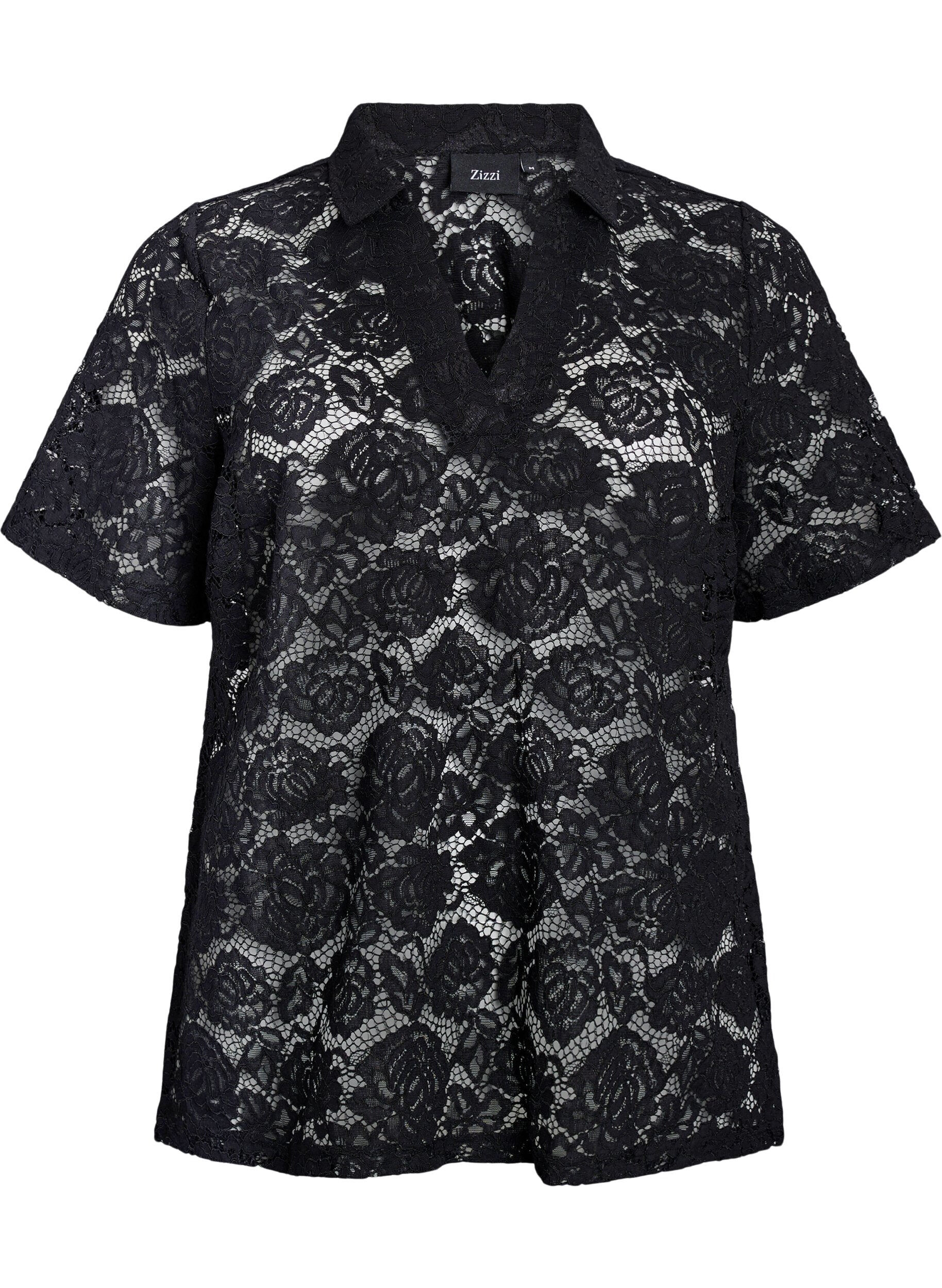 Zizzi Kanten blouse met een kraag en V-hals, Zwart, Packshot image number 0