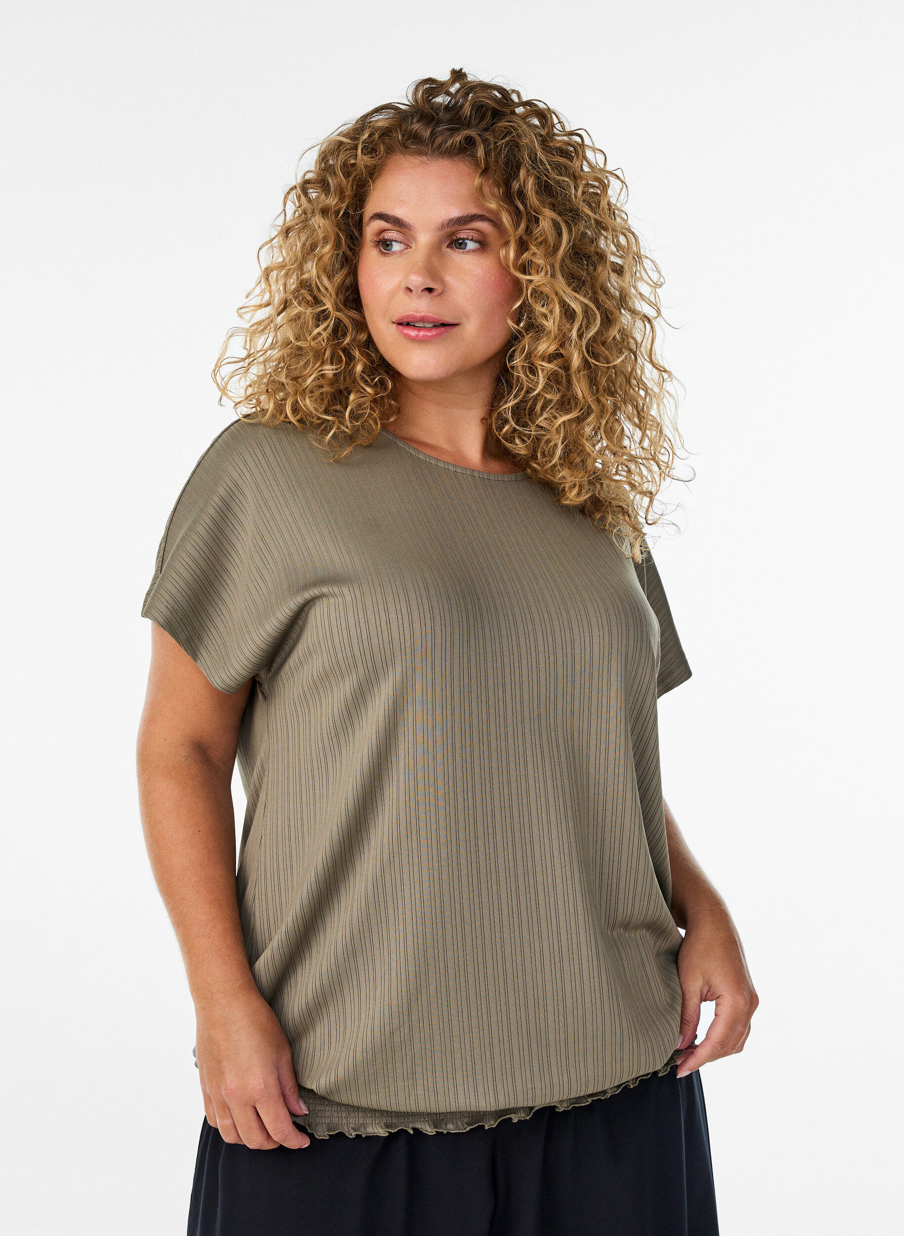 Jersey blouse met gestructureerde strepen en een gesmokte zoom, Bruin, Model