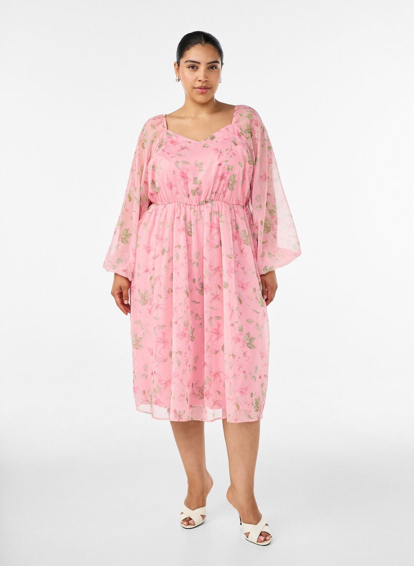 Chiffon feestjurk met lange mouwen, Roze, Model image number 0