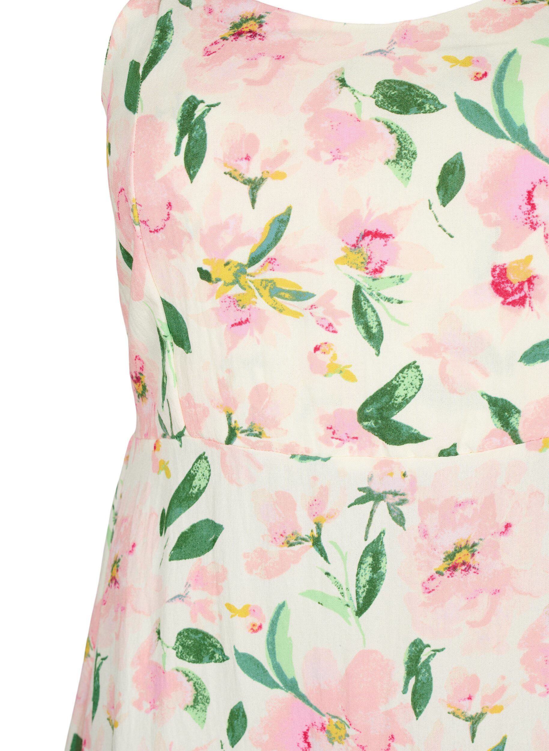 Zizzi Gebloemde viscose strappy jurk met smock, Off White Flower, Packshot image number 2
