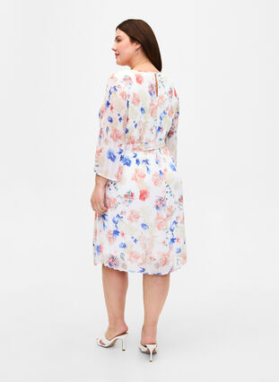 Bedrukte geplooide jurk met bindband, White/Blue Floral, Model image number 1