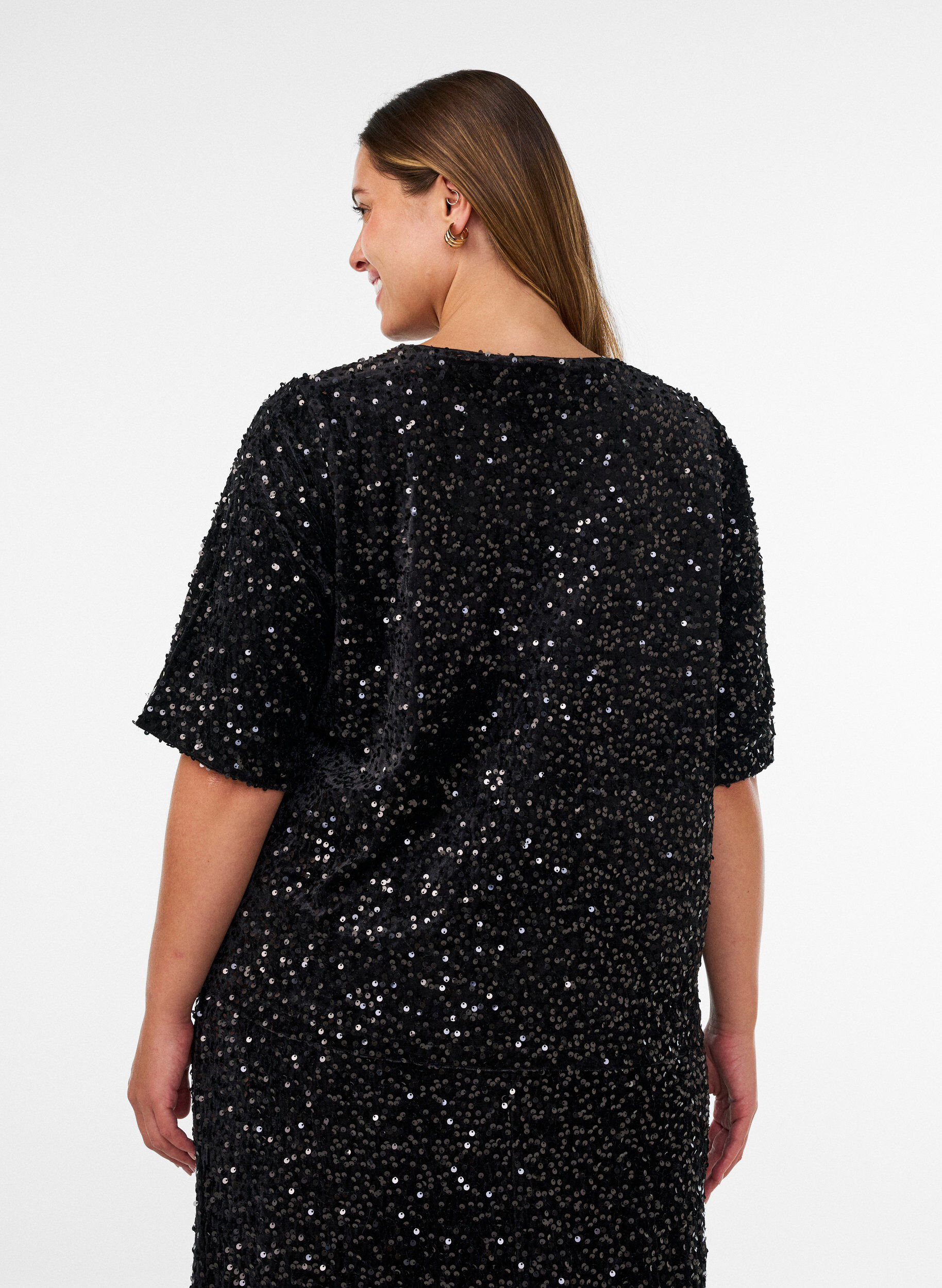 ZizziPaillettenblouse met mouwen tot de elleboog, Zwart, Model image number 2