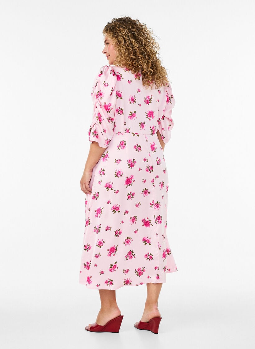 Midi-jurk met bloemen en pofmouwen, Roze, Model image number 1