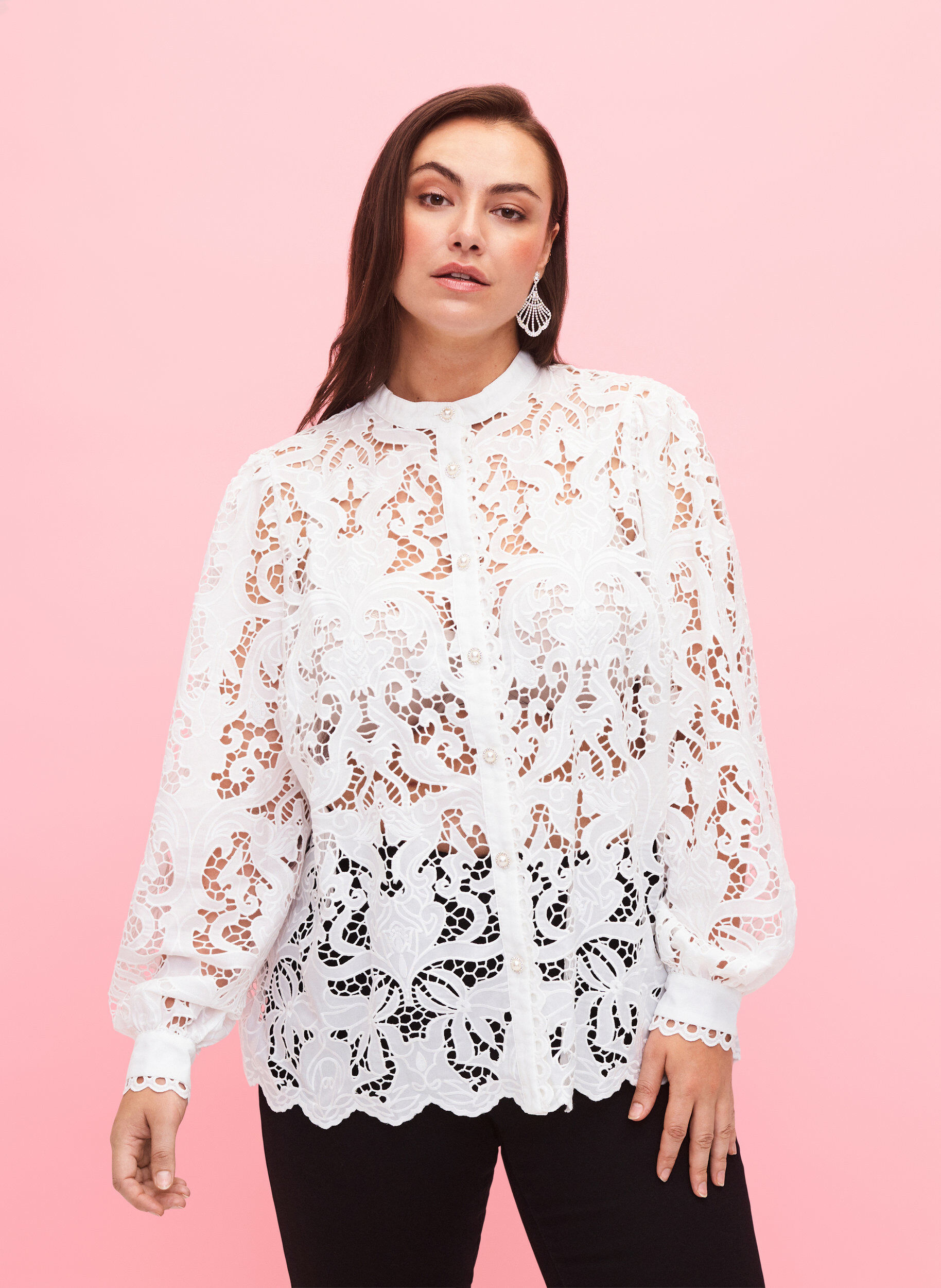Zizzi Kanten shirt blouse met lange mouwen, White, Model image number 0