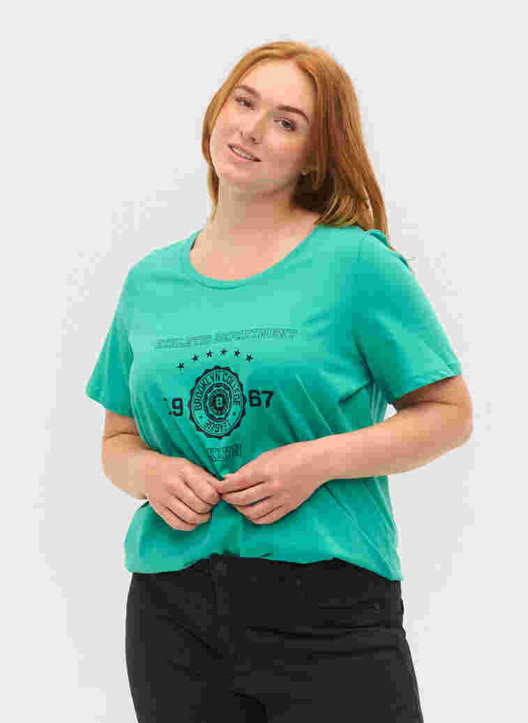 Katoenen t-shirt met korte mouwen en print, Sea Green, Model