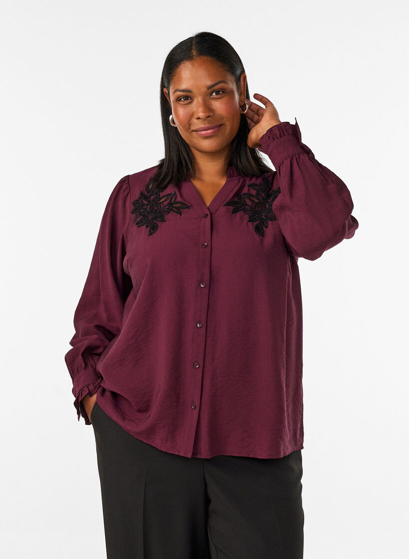 Shirtblouse met geborduurde bloemapplicaties, Rood, Model image number 0