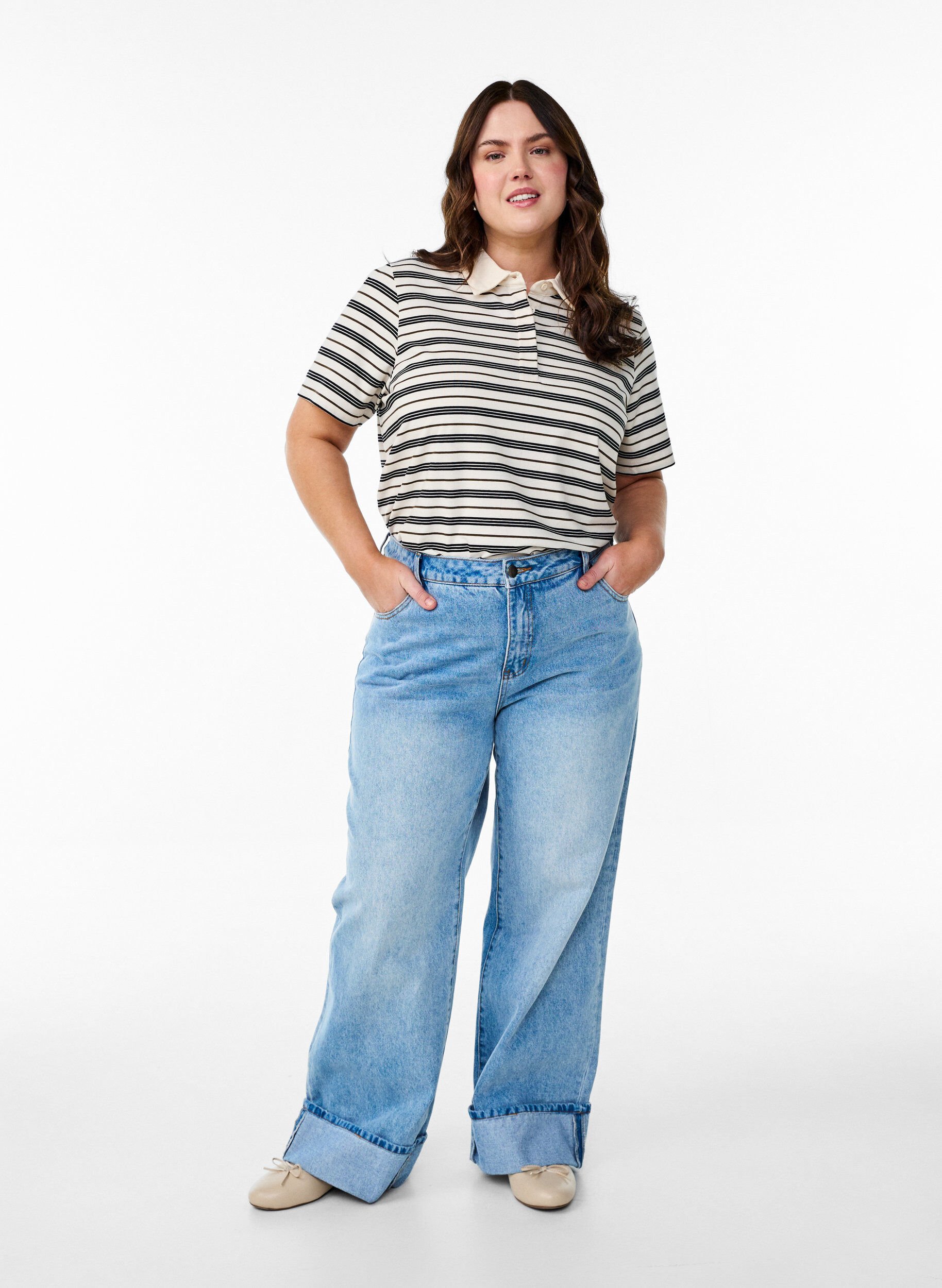 Zizzi Gestreepte poloshirt met korte mouwen, Wit, Model image number 1