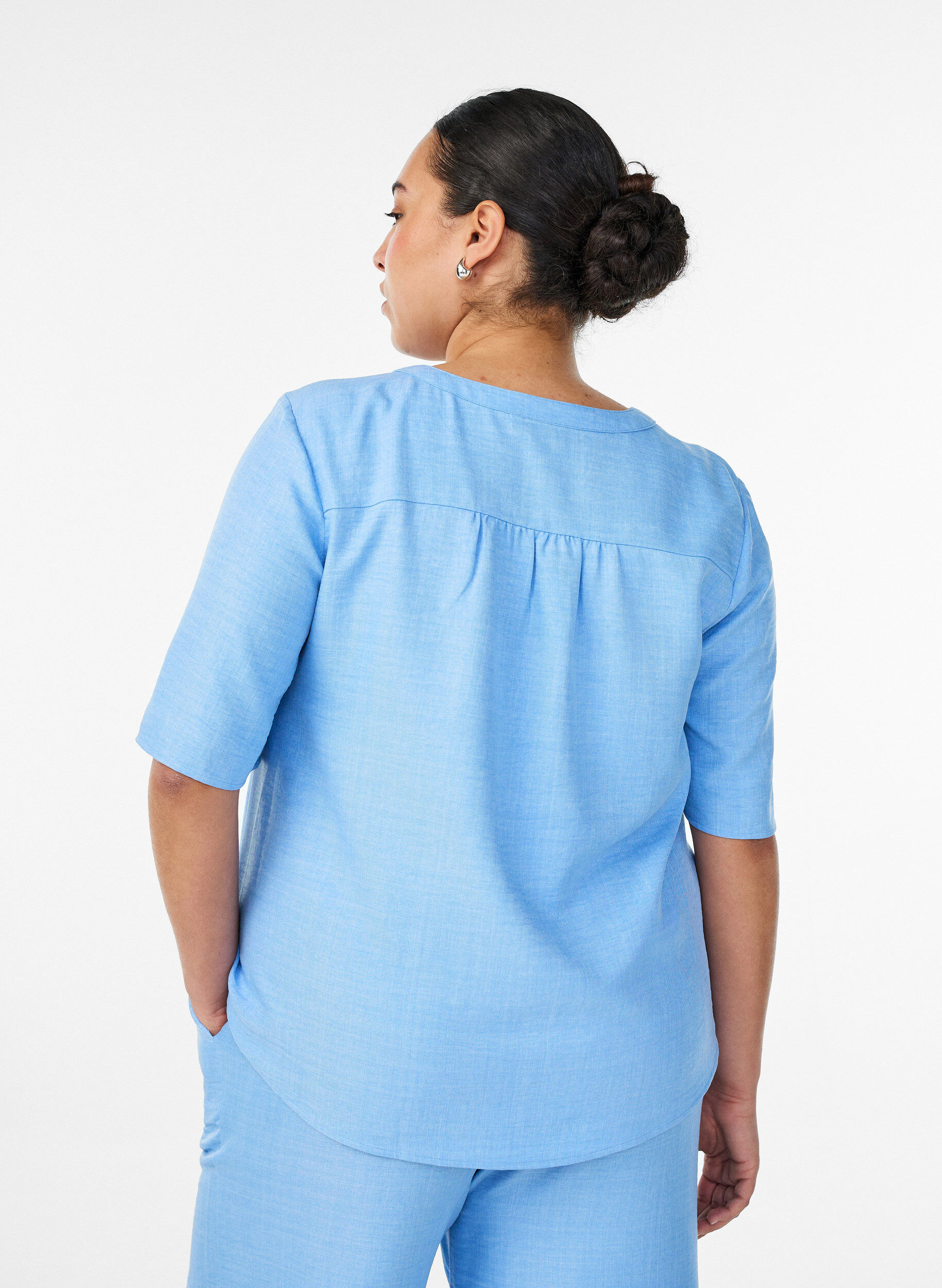 ZizziOverhemd blouse met V-hals en korte mouwen, Blauw, Model image number 2