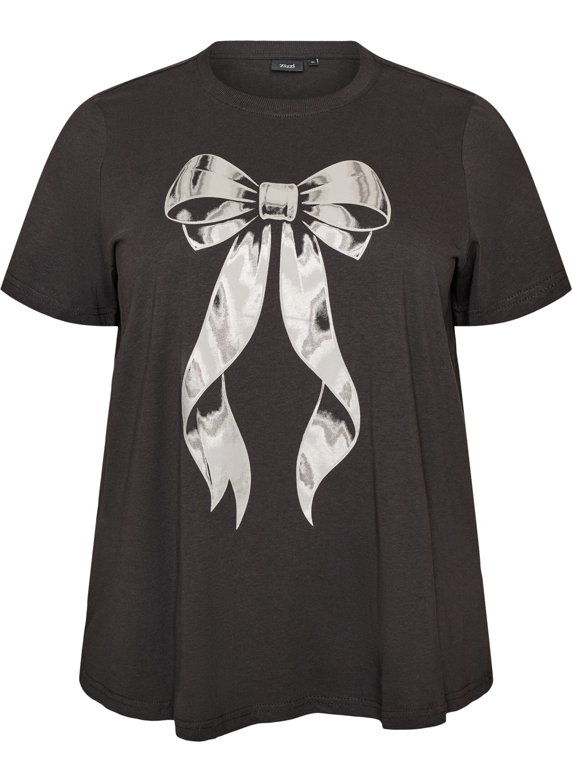 ZizziKatoenen T-shirt met print aan de voorkant, Grijs, Packshot image number 0
