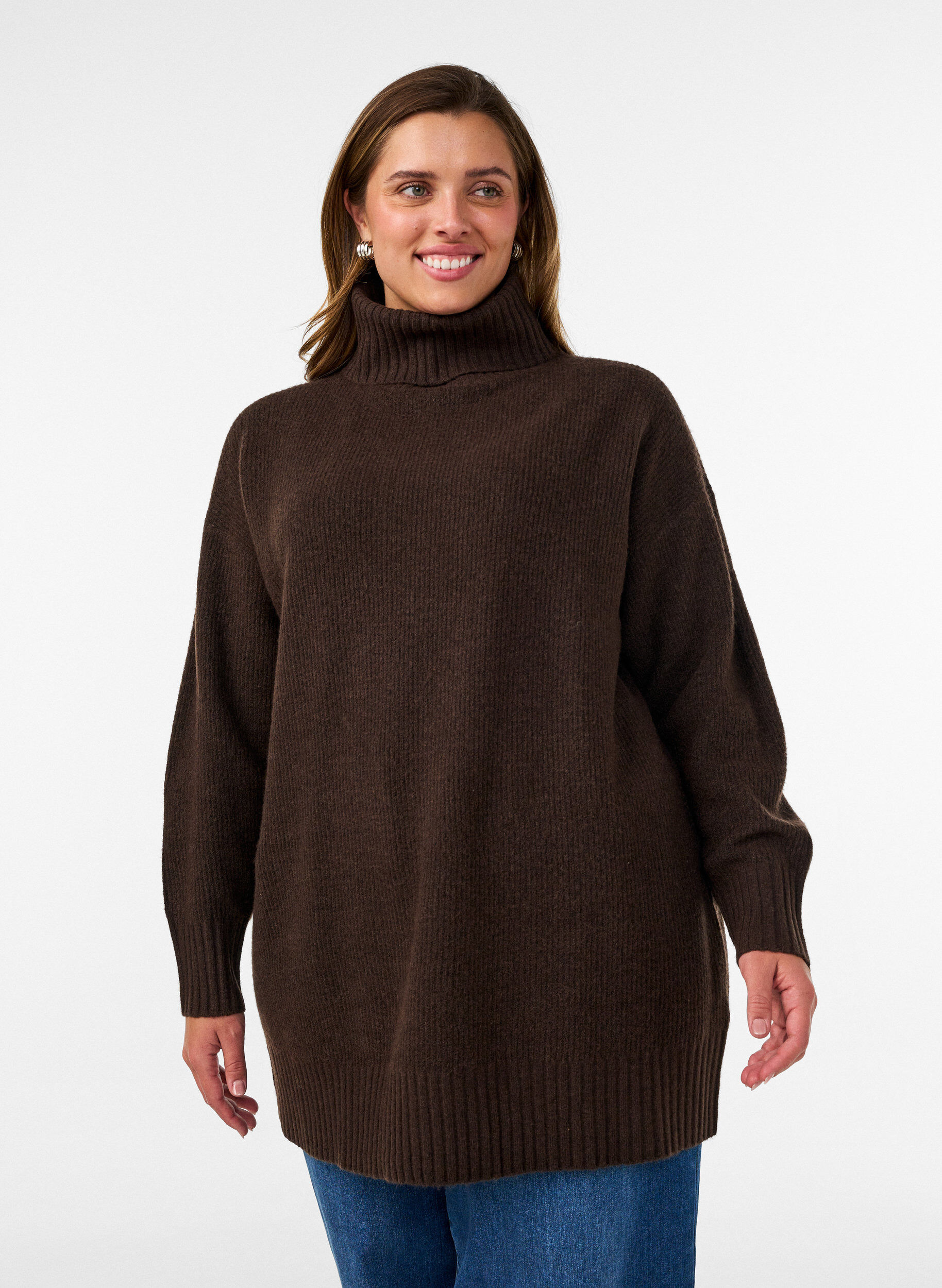ZizziLosse gebreide trui met coltrui, Bruin, Model image number 0