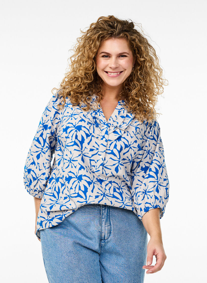 3/4 mouw blouse in katoen met strepen, Blauw, Model image number 0