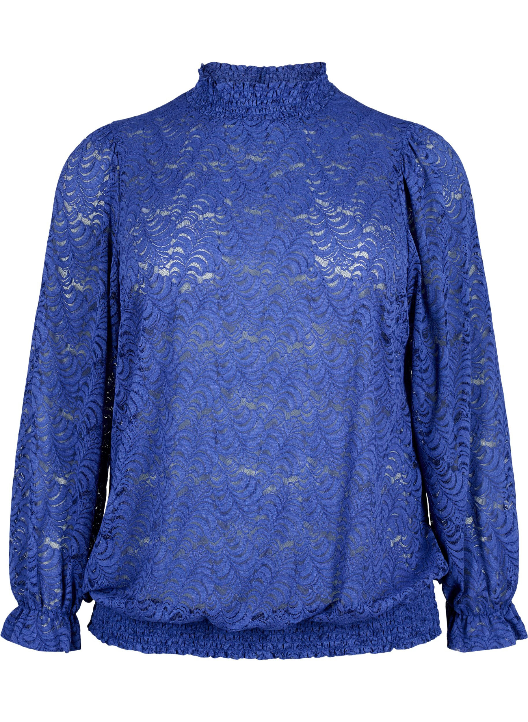 Zizzi Kanten blouse met lange mouwen en smok, Deep Ultramarine, Packshot image number 0