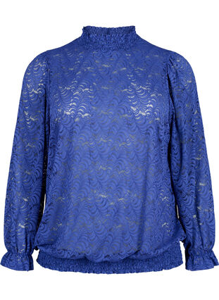 Kanten blouse met lange mouwen en smok, Deep Ultramarine, Packshot image number 0