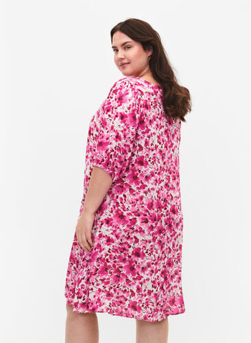 Gebloemde viscose jurk met a-vorm, Pink Flower Rain, Model image number 1