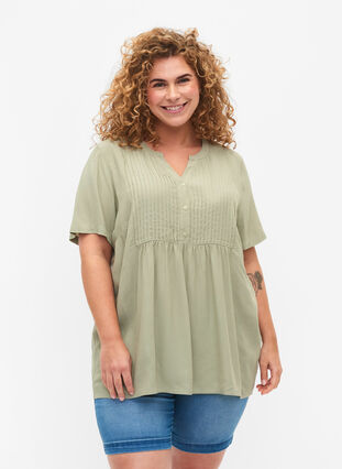 Viscose blouse met korte mouwen en plooien, Seagrass , Model image number 0