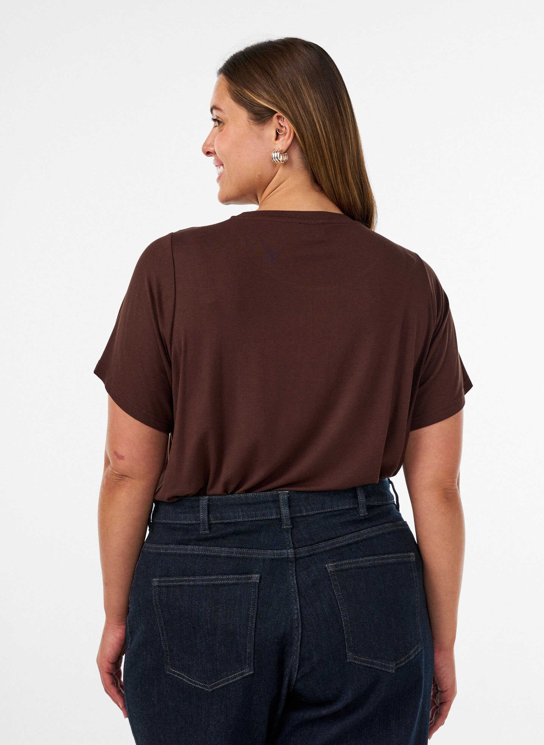 ZizziViscose T-shirt met strassteentjes, Bruin, Model image number 2