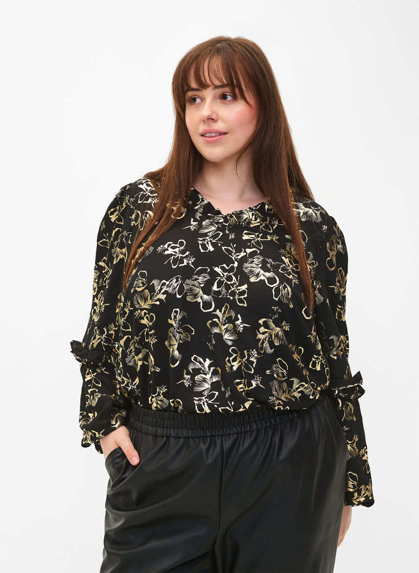 Blouse met lange mouwen, ruches en folieprint, Black Foil AOP, Model image number 0