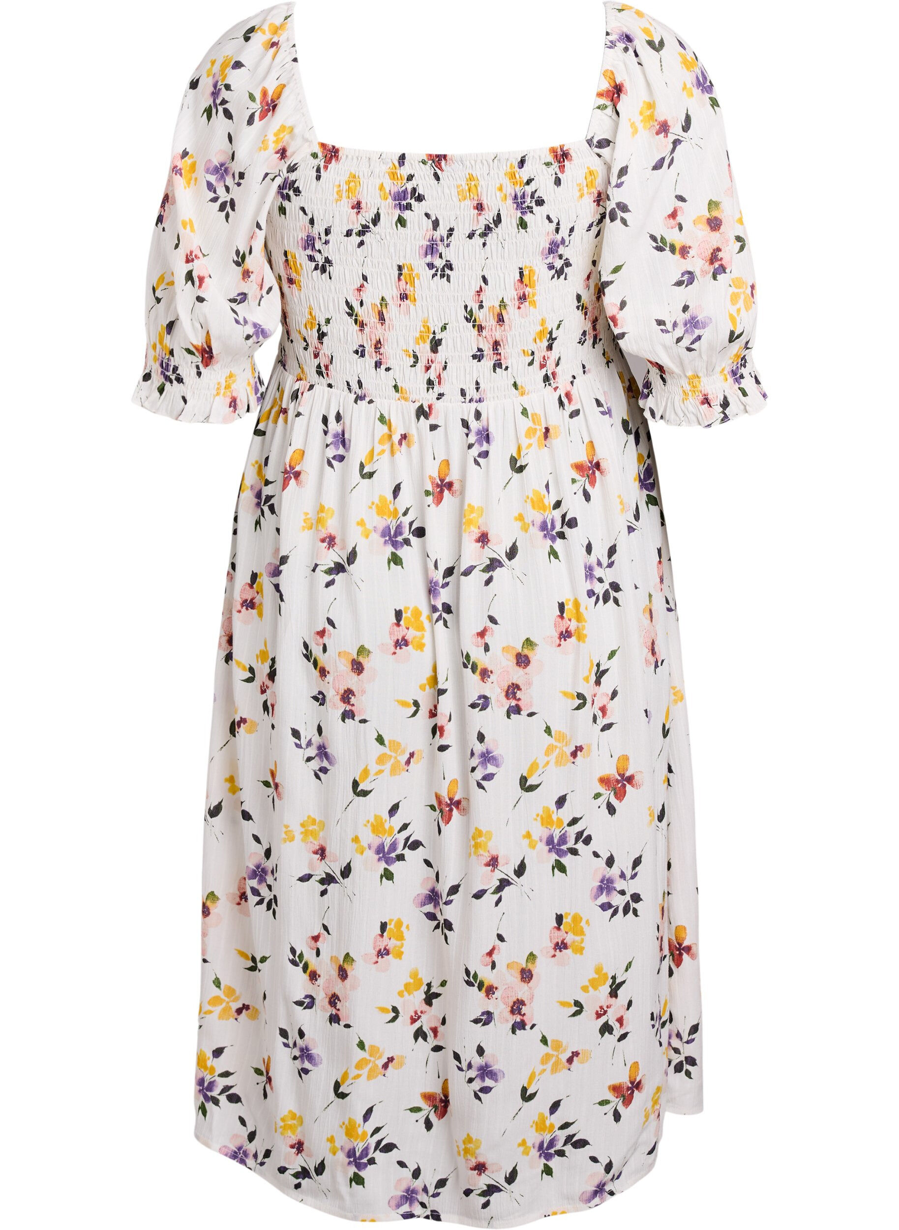 ZizziGebloemde viscose midi-jurk met smock, Wit, Packshot image number 1