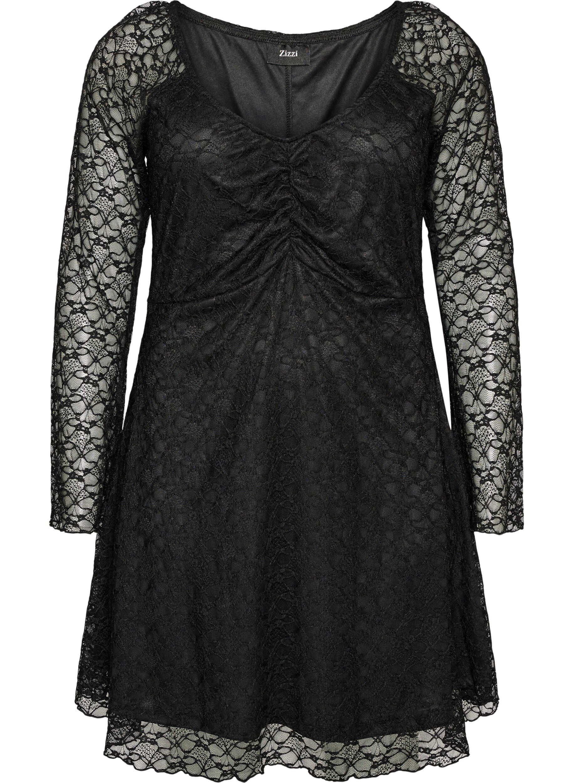 ZizziKanten jurk met trompetmouwen en een A-lijnvorm, Zwart, Packshot image number 0