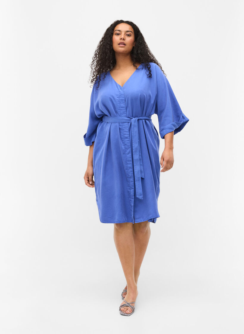Jurk met 3/4 mouwen en striksluiting, Blauw, Model image number 1