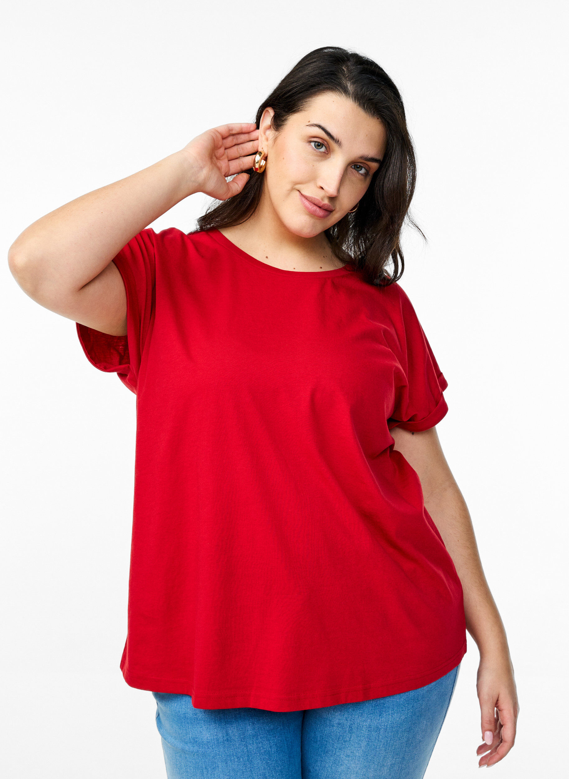 Zizzi T-shirt met korte mouwen van katoenmix, Rood, Model image number 0
