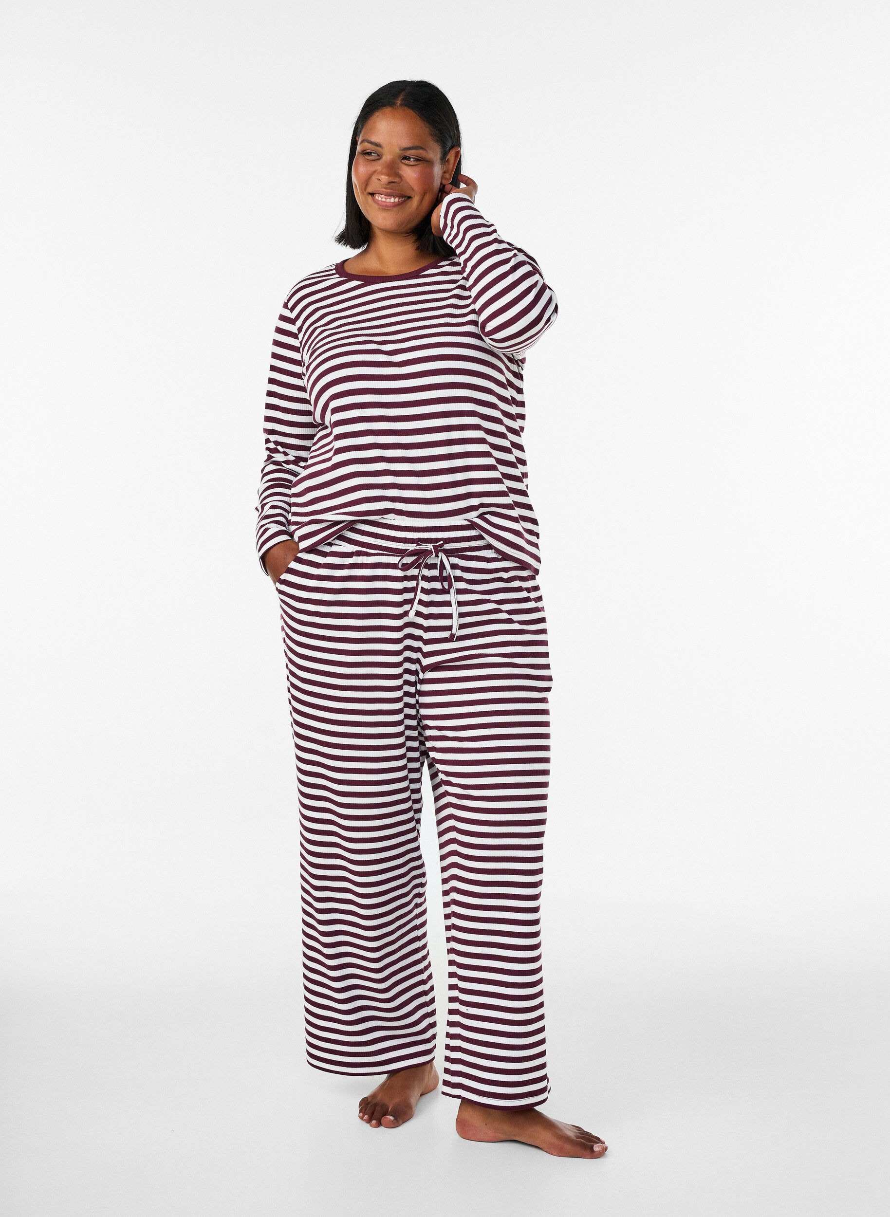 ZizziGestreepte pyjamabroek met een high waist en wijde pijpen, Rood, Model image number 0