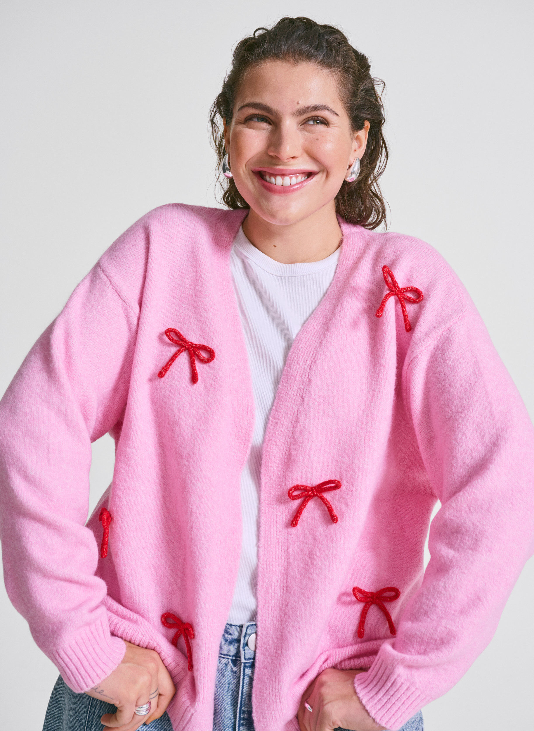Zizzi Korte gebreide cardigan met strikken, Begonia Pink Comb, Image image number 0