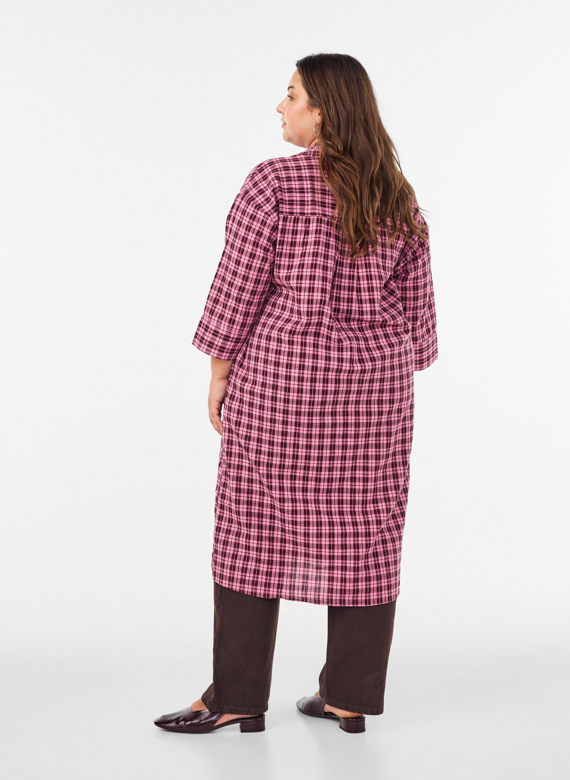 ZizziLange geruite overhemd met 3/4 mouwen, Roze, Model image number 1