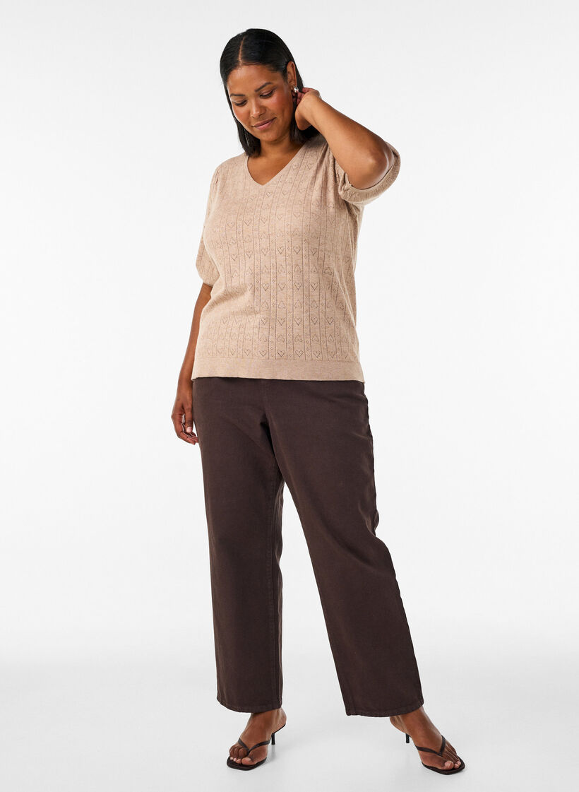Gebreide blouse met korte mouwen en pointellepatroon, Beige, Model image number 1