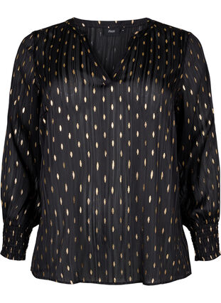 Bedrukte blouse met smok en v-hals, Black w. Gold, Packshot image number 0