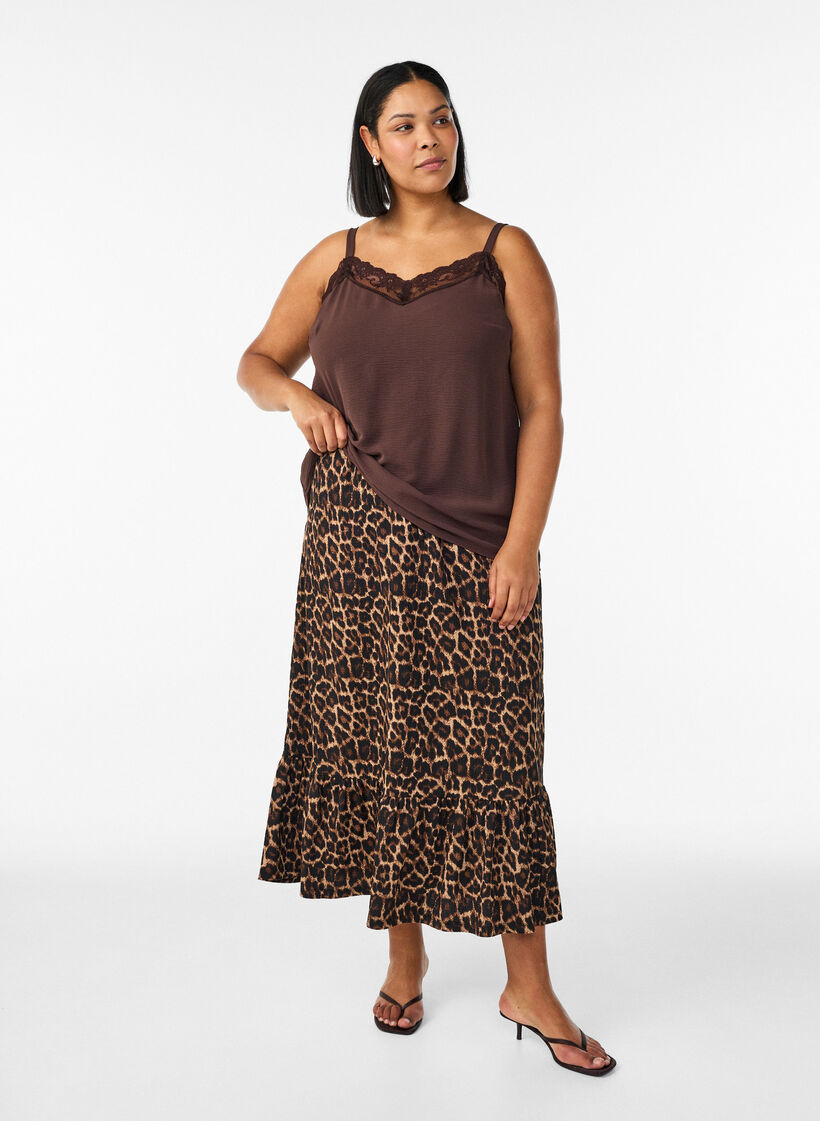 Lange rok met strikceintuur en rucheszoom, Zwart, Model image number 0